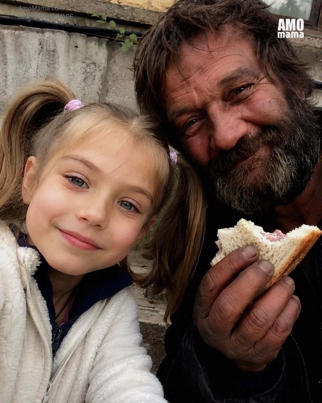 Una bambina condivise il suo pranzo con uno sconosciuto senzatetto – Anni dopo, lui bussò alla sua porta in giacca e cravatta