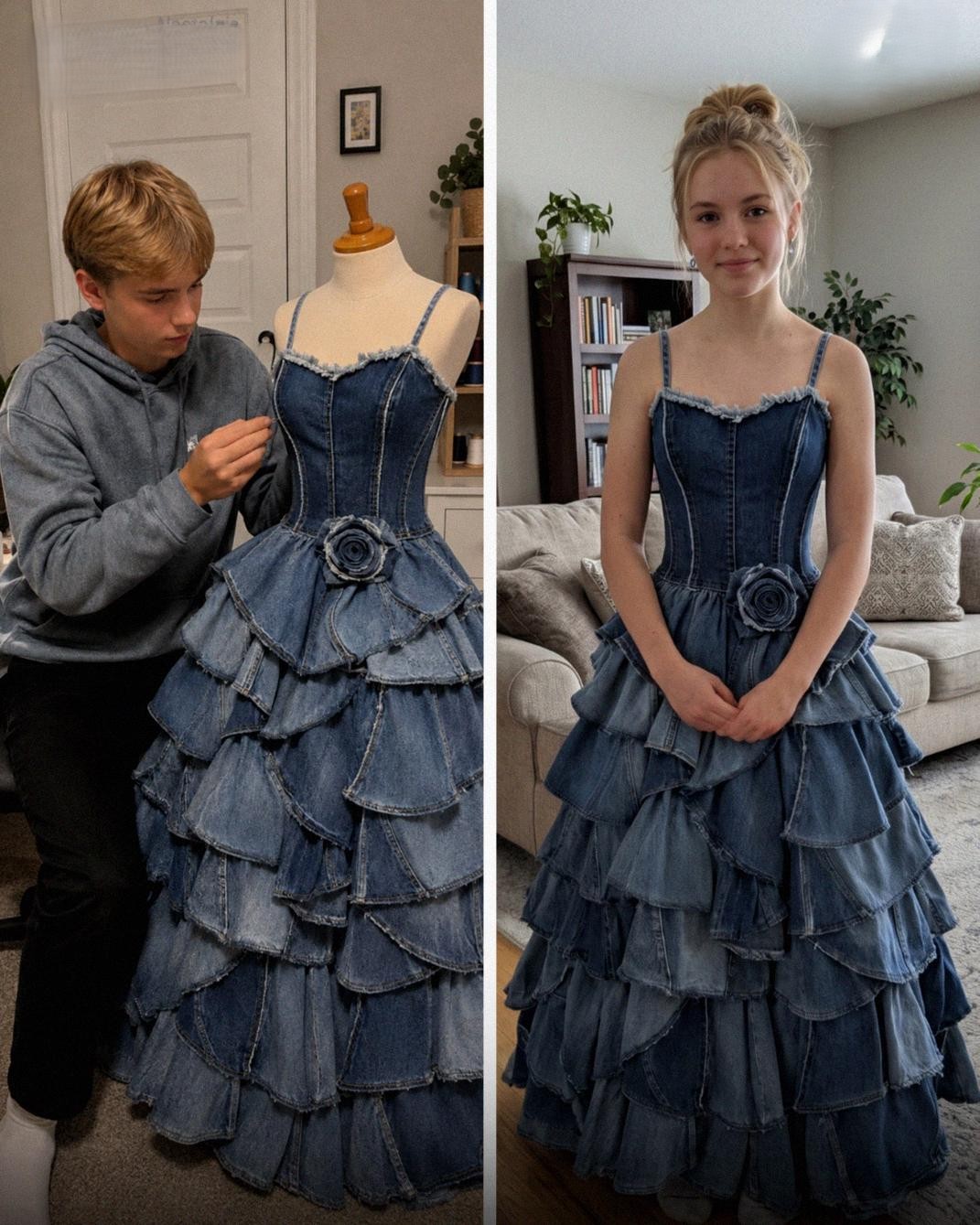 La mia matrigna si è rifiutata di darmi i soldi per un vestito da ballo: mio fratello ne ha cucito uno con i jeans della nostra defunta mamma, e quello che è successo dopo l’ha lasciata a bocca aperta.